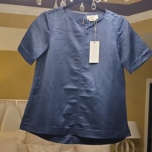 M Martin Elegant Blue Satin Women's Top Viscose, Linen and Cotton